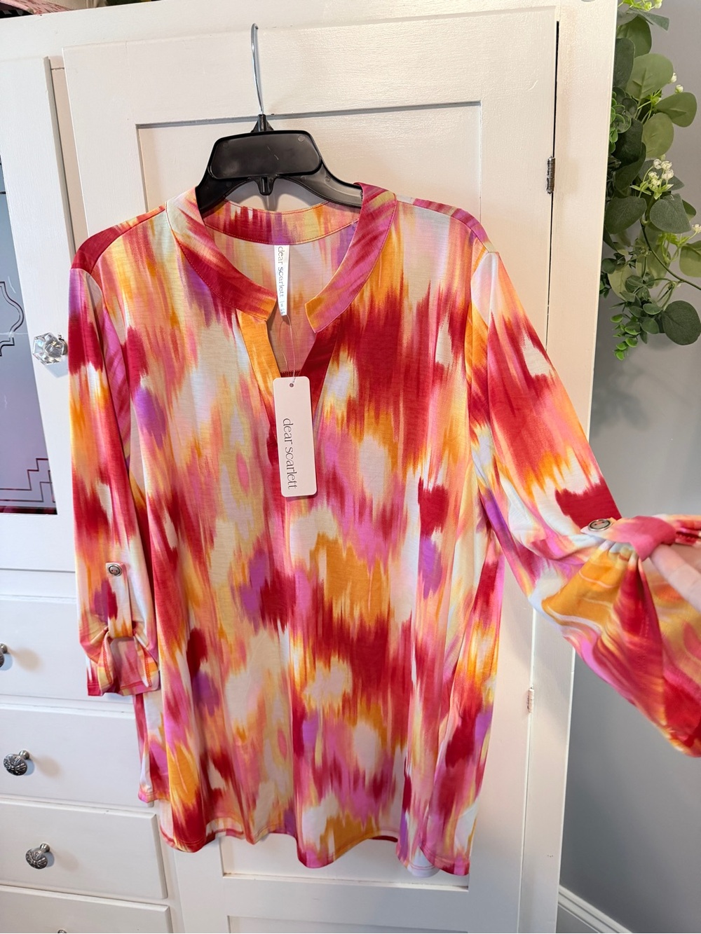 Dear Scarlett Split-Neck Tie-Dye Tunic in Pink, Orange, Yellow